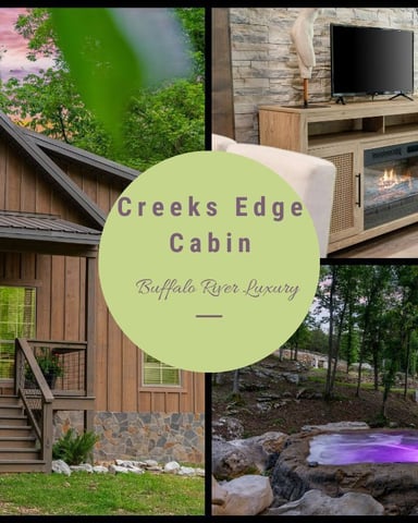 Creeks Edge Cabin collage showing modern wood cabin exterior, living room with TV and fireplace, and outdoor hot tub surrounded by forest