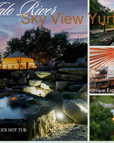 Buffalo River Sky View Yurt with illuminated boulder hot tub, creek-side yurt, interior with orange sunburst ceiling, and aerial view of glamping structure